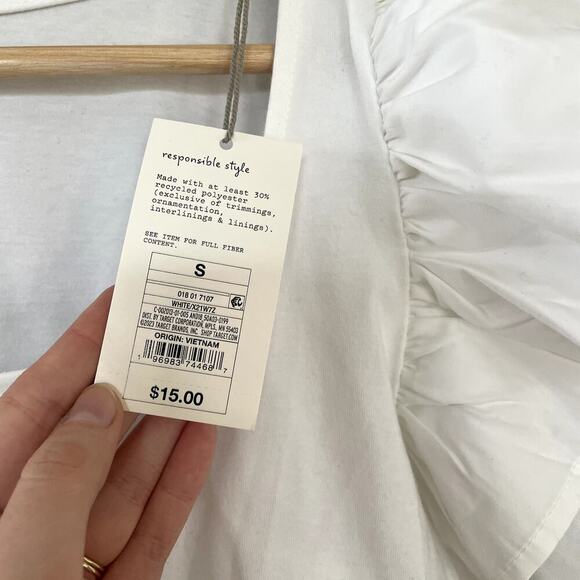 NWT a new day white cropped blouse short sleeves frilled women's size S cotton - Picture 4 of 7